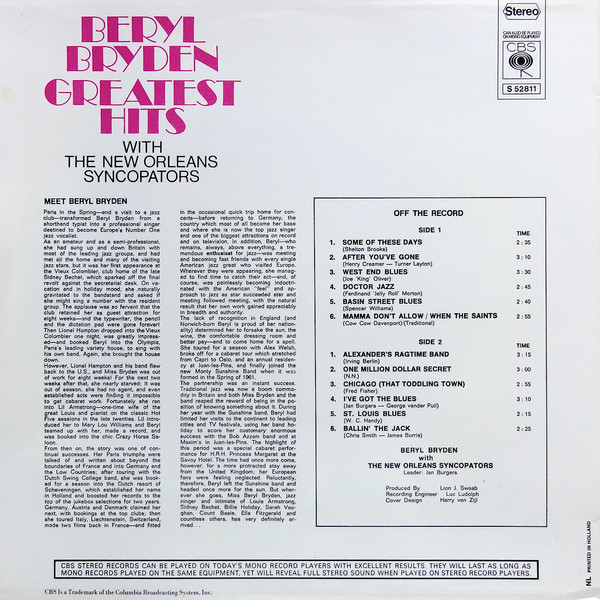 Beryl Bryden With The New Orleans Syncopators - Greatest Hits | CBS (S 52811) - 2