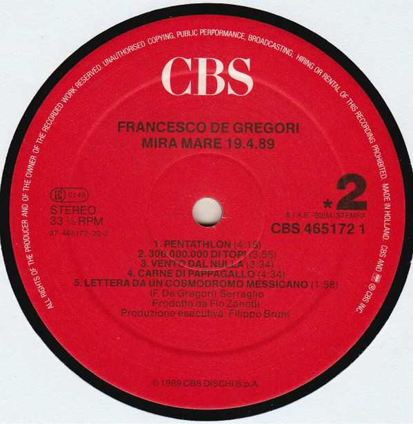 Francesco De Gregori - Mira Mare 19.4.89 | CBS (CBS 465172 1) - 4
