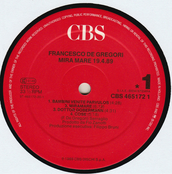 Francesco De Gregori - Mira Mare 19.4.89 | CBS (CBS 465172 1) - 3