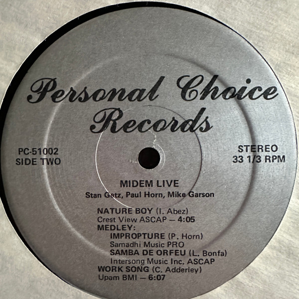 Stan Getz With Paul Horn and Mike Garson - Midem Live '80 | Personal Choice Records (PC-51002) - 4