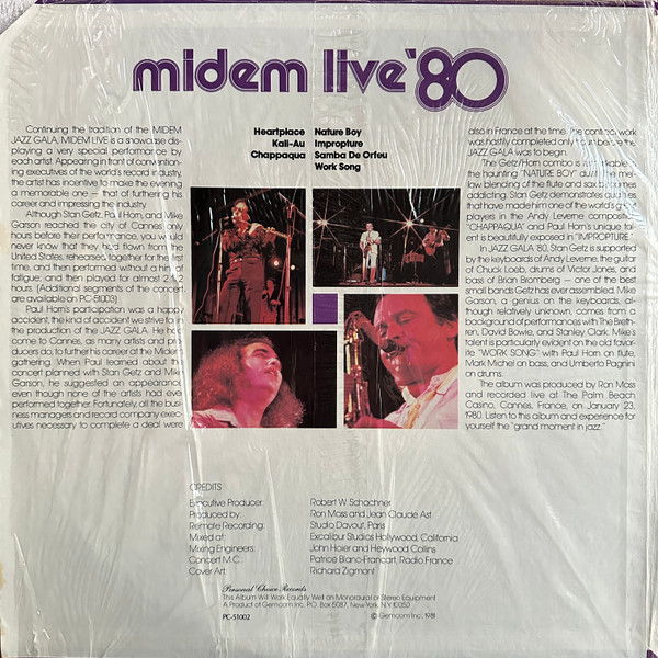 Stan Getz With Paul Horn and Mike Garson - Midem Live '80 | Personal Choice Records (PC-51002) - 2