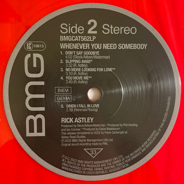 Rick Astley - Whenever You Need Somebody (Limited Edition - RSD2022 - Red Vinyl) [Vinyl] | BMG (BMGCAT562LP) - 5