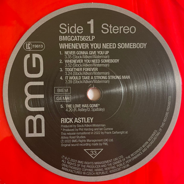 Rick Astley - Whenever You Need Somebody (Limited Edition - RSD2022 - Red Vinyl) [Vinyl] | BMG (BMGCAT562LP) - 4