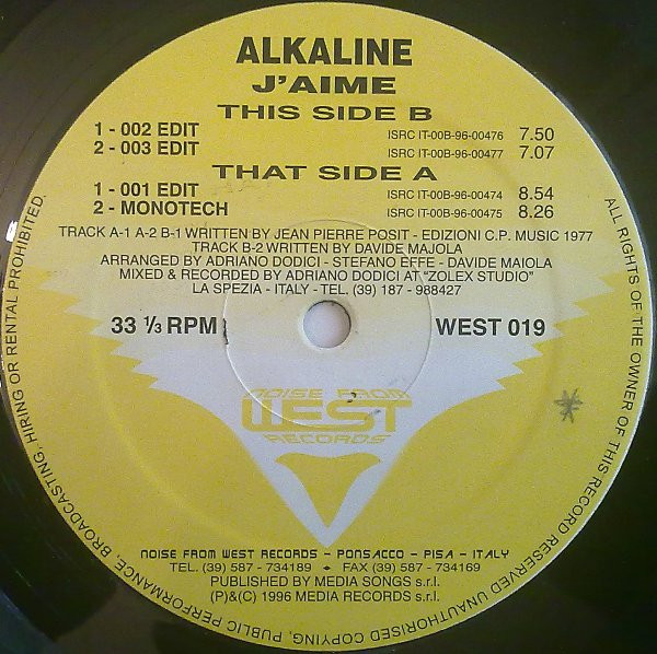 Alkaline - J'Aime | Noise From West Records (WEST 019)