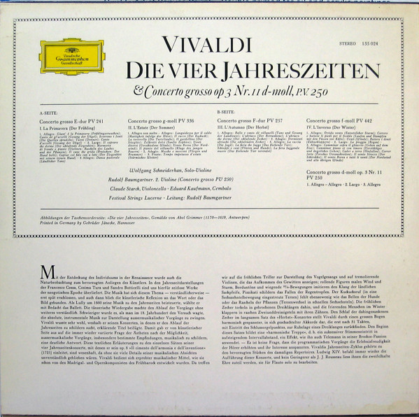 Antonio Vivaldi / Festival Strings Lucerne , Rudolf Baumgartner - Die Vier Jahreszeiten & Concerto Grosso Op 3 Nr. II D-moll, P.V. 250 | Deutsche Grammophon (135 024) - 2