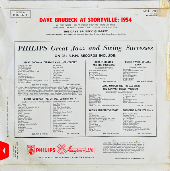 The Dave Brubeck Quartet Featuring Paul Desmond - Dave Brubeck At Storyville: 1954 | Philips (BBL 7018) - 2
