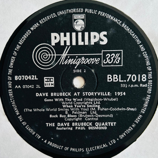 The Dave Brubeck Quartet Featuring Paul Desmond - Dave Brubeck At Storyville: 1954 | Philips (BBL 7018) - 4