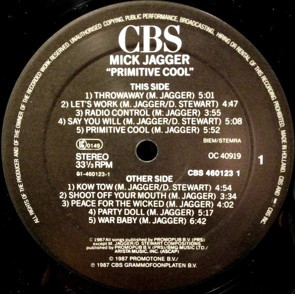 Mick Jagger - Primitive Cool | CBS (CBS 460123 1) - 2