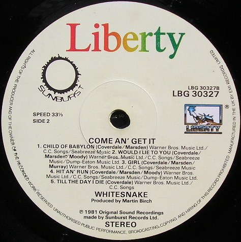 Whitesnake - Come An' Get It | Liberty (LBG 30327) - 2