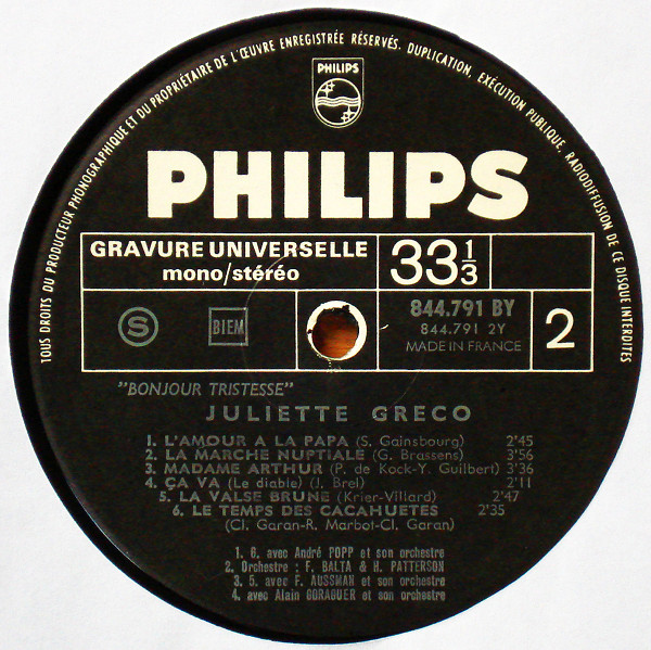 Juliette Greco - Bonjour Tristesse / 1956-1959 | Philips (844.791 BY) - 2