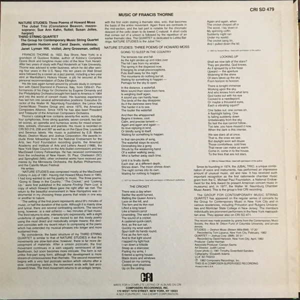 Francis Thorne , Jubal Trio , The Group For Contemporary Music - The Music Of Francis Thorne | Composers Recordings Inc. (CRI) (CRI SD 479) - 2