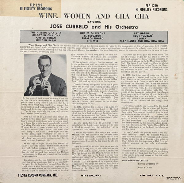 Jose Curbelo And His Orchestra - Wine, Women And Cha Cha | Fiesta (FLP 1219) - main Jose Curbelo And His Orchestra - Wine, Women And Cha Cha | Fiesta (FLP 1219) - main