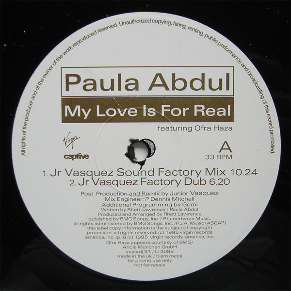 Paula Abdul - My Love Is For Real | Virgin (VUSTXDJ 91)
