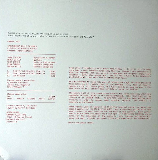 Spontaneous Music Ensemble - Eighty-five Minutes Part 2 | Emanem (3402) - 2