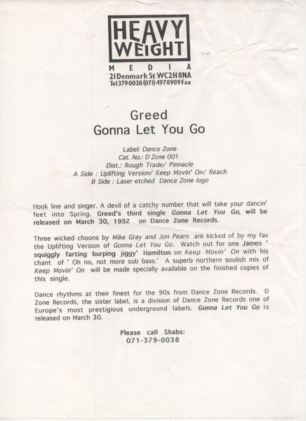 Greed - Gonna Let You Go | Dance Zone Records (D-ZONE DJ 001) - 4