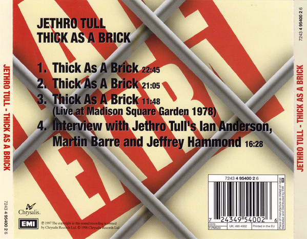 Jethro Tull - Thick As A Brick | Chrysalis (7243 4 95400 2 6) - 2
