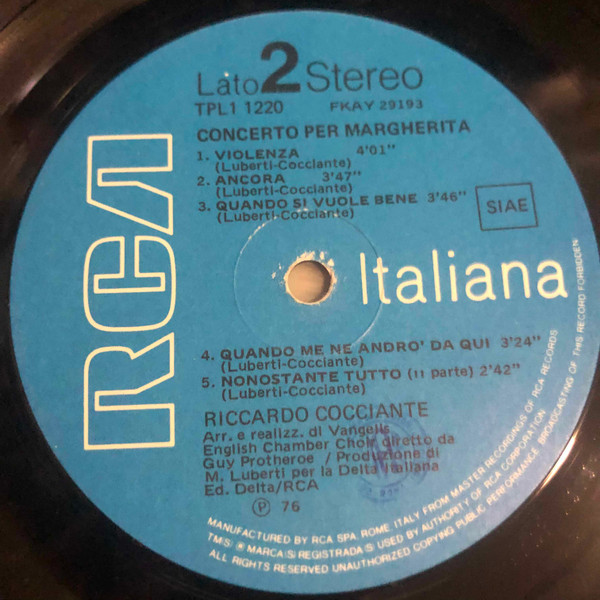 Riccardo Cocciante - Concerto Per Margherita | RCA Italiana (TPL1-1220) - 3