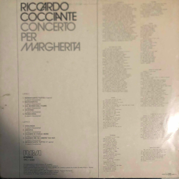 Riccardo Cocciante - Concerto Per Margherita | RCA Italiana (TPL1-1220) - 2