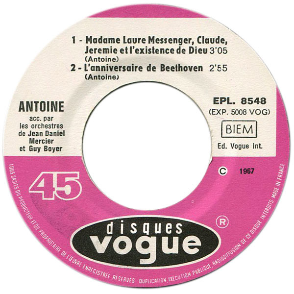 Antoine - Madame Laure Messenger, Claude, Jeremie Et L'existence De Dieu | Disques Vogue (EPL. 8548) - 4