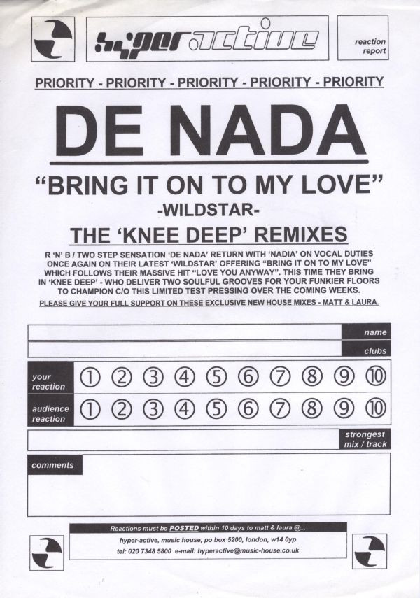 De Nada - Bring It On To My Love (Knee Deep Remixes) | Wildstar Records (12 WILD 39HP)