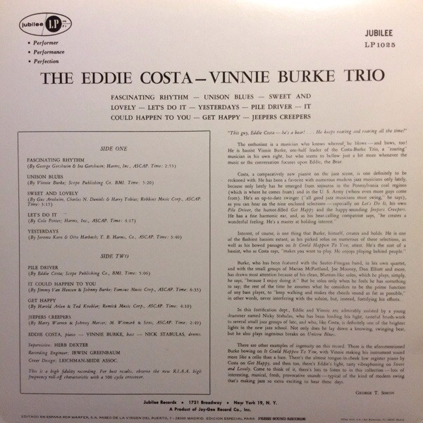 Eddie Costa - Vinnie Burke Trio - Eddie Costa - Vinnie Burke Trio | Jubilee (JLP 1025) - 2