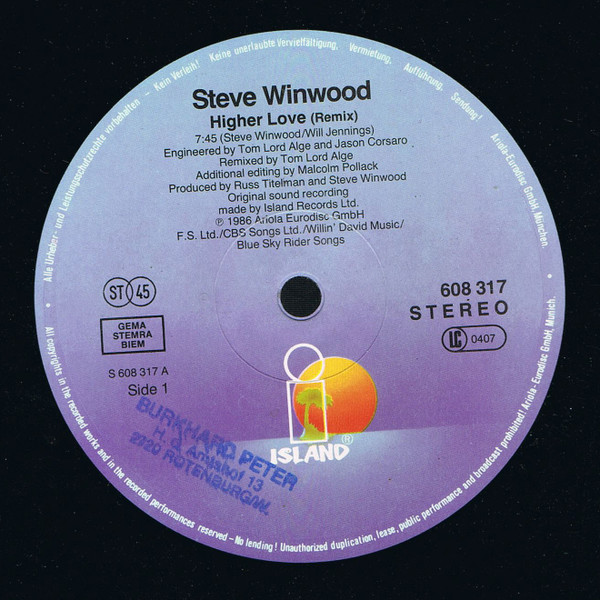 Steve Winwood - Higher Love | Island Records (608 317) - 3 Steve Winwood - Higher Love | Island Records (608 317) - 3