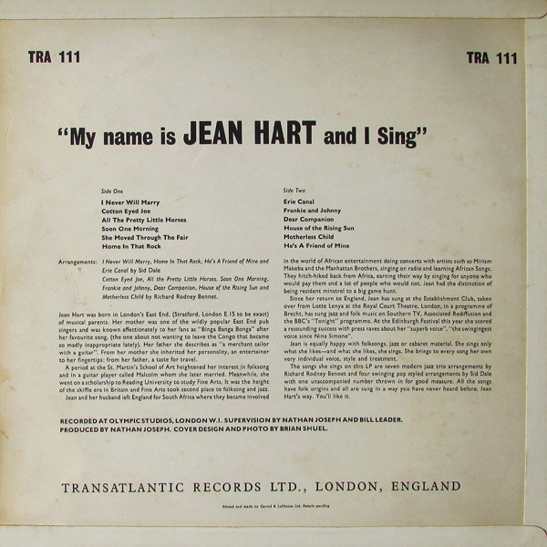 Jean Hart - My Name Is Jean Hart And I Sing | Transatlantic Records (TRA 111) - 2