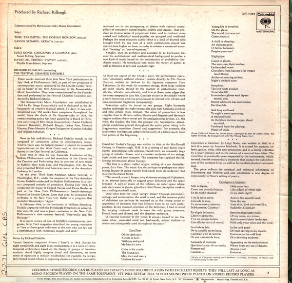 Iannis Xenakis / David Del Tredici / Toru Takemitsu / Luigi Nono - Richard Dufallo Conducting The Festival Chamber Ensemble , Phyllis Bryn-Julson And Susan Belling - Akrata / Syzygy / The Dorian Horizon / Canciones A Guiomar | Columbia Masterworks (MS 7281) - 2