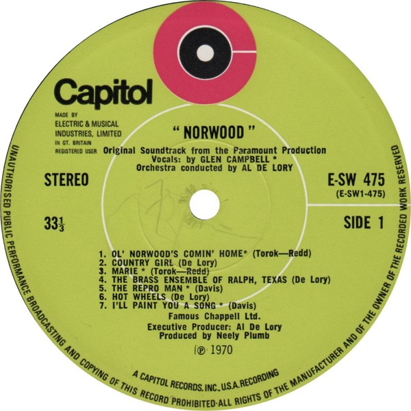 Al De Lory , Glen Campbell - Norwood - Motion Picture Soundtrack | Capitol Records (E-SW 475) - 3 Al De Lory , Glen Campbell - Norwood - Motion Picture Soundtrack | Capitol Records (E-SW 475) - 3