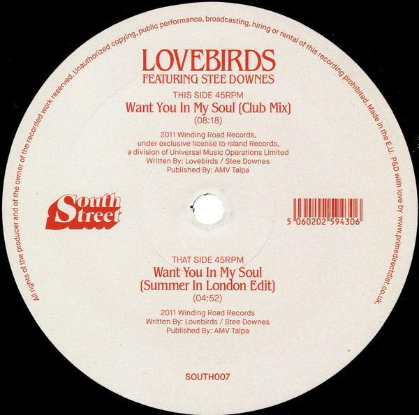 Lovebirds Featuring Stee Downes - Want You In My Soul | South Street (SOUTH007) - main