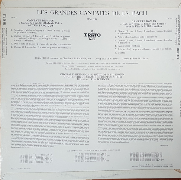 Johann Sebastian Bach - Edith Selig , Claudia Hellmann , Georg Jelden , Prof. Jakob Stämpfli , Heinrich-Schütz-Chor Heilbronn , Südwestdeutsches Kammerorchester , Fritz Werner - Cantate BWV 106 / Cantate BWV 79 | Erato (STU 70222) - 2