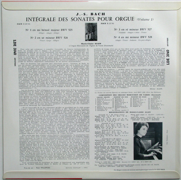 Johann Sebastian Bach - Marie-Claire Alain - Sonates Pour Orgue (Volume 1) | Erato (LDE 3140) - 2