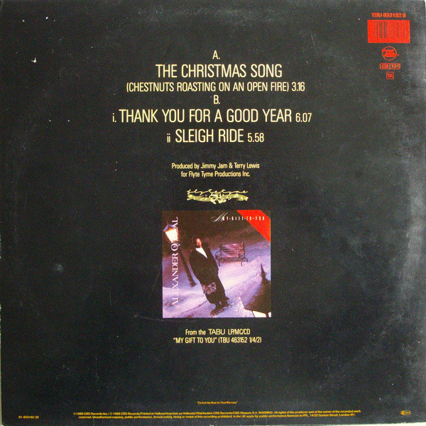 Alexander O'Neal - The Christmas Song (Chestnuts Roasting On An Open Fire) / Thank You For A Good Year / Sleigh Ride | Tabu Records (TBU 653182 6) Alexander O'Neal - The Christmas Song (Chestnuts Roasting On An Open Fire) / Thank You For A Good Year / Sleigh Ride | Tabu Records (TBU 653182 6)