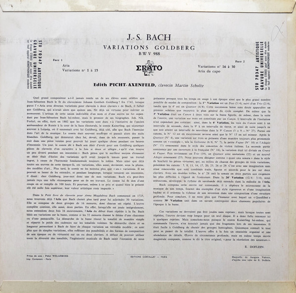 Johann Sebastian Bach – Edith Picht-Axenfeld - Variations Goldberg (Pour Clavecin Bwv 988) [Vinyl] | Erato (STU 70347) - 2