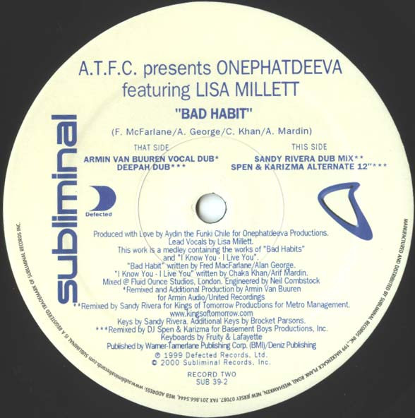ATFC Presents Onephatdeeva Featuring Lisa Millett - Bad Habit | Subliminal (SUB39) - 3