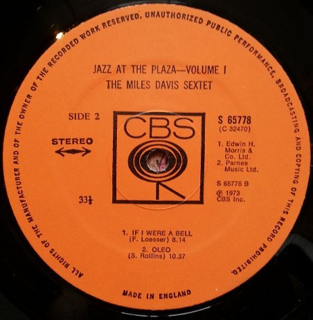The Miles Davis Sextet - Jazz At The Plaza - Vol. 1 | CBS (CBS 65778) - main The Miles Davis Sextet - Jazz At The Plaza - Vol. 1 | CBS (CBS 65778) - main