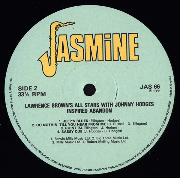 Lawrence Brown's All-Stars With Johnny Hodges - Inspired Abandon | Jasmine Records (JAS 66) - 2