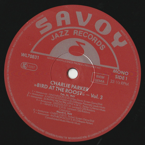 Charlie Parker - Bird At The Roost, The Savoy Years - The Complete Royal Roost Performances, Volume Three | Savoy Jazz (WL70831) - 2