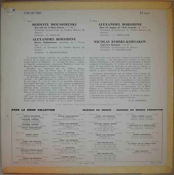 Alexander Borodin , Modest Mussorgsky , Nikolai Rimsky-Korsakov - Danses Polovtsiennes - Dans Les Steppes De L'Asie Centrale - Une Nuit Sur Le Mon Chauve - Capriccio Espagnol | Le Chant Du Monde (LDX-SP 1501) - 2