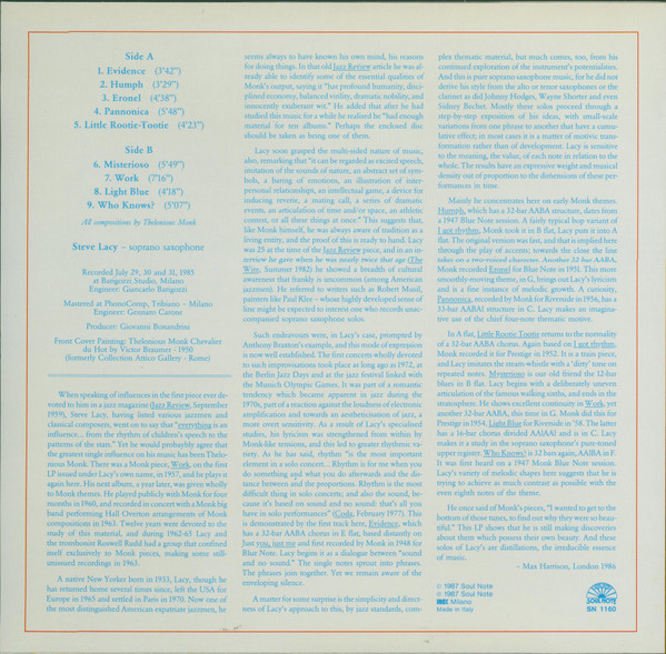 Steve Lacy - Only Monk | Soul Note (SN 1160) - 2