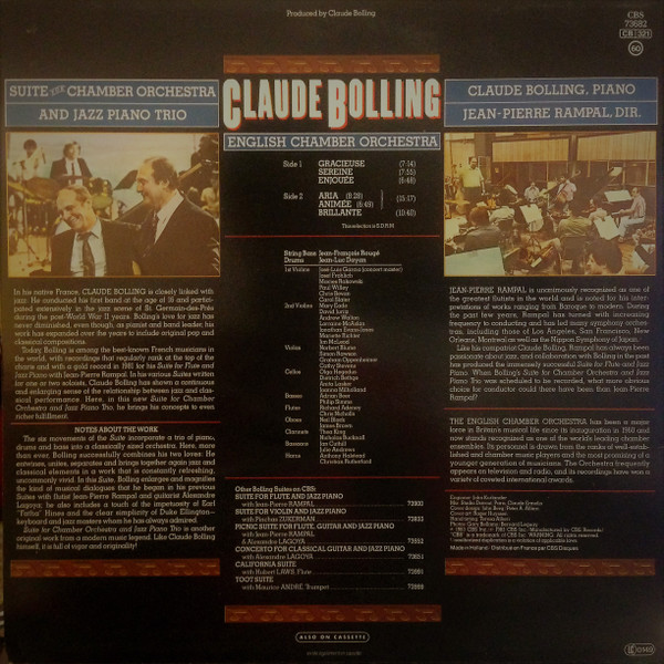 Claude Bolling - English Chamber Orchestra - Jean-Pierre Rampal - Suite For Chamber Orchestra And Jazz Piano Trio | CBS (73682) - 2 Claude Bolling - English Chamber Orchestra - Jean-Pierre Rampal - Suite For Chamber Orchestra And Jazz Piano Trio | CBS (73682) - 2