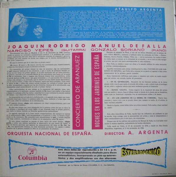 Joaquín Rodrigo , Narciso Yepes , Manuel de Falla , Gonzalo Soriano , Orquesta Nacional de España Director Ataúlfo Argenta - Concierto De Aranjuez / Noches En Los Jardines De España | Columbia (SCLL 14000) - 2