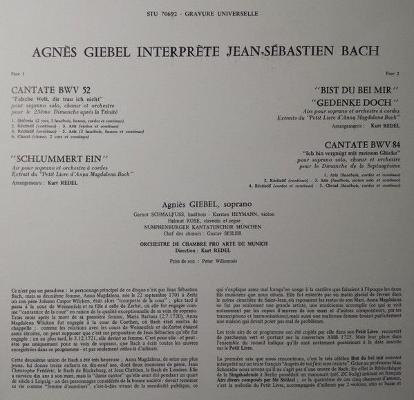 Johann Sebastian Bach , Agnes Giebel - Deux Cantates & Trois Airs | Erato (STU 70692) - 2