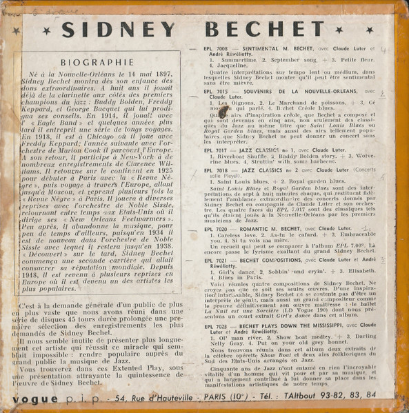Sidney Bechet , Claude Luter Et Son Orchestre - "Romantic Mr. Bechet" | Vogue Productions (EPL 7020) - 2