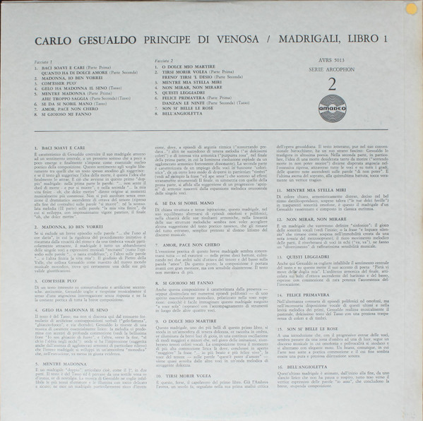 Carlo Gesualdo - Madrigali A Cinque Voci Dell'Illustrissimo, & Eccellentissimo Prencipe Di Venosa, D. Carlo Gesualdo - Libro Primo | Amadeo (AVRS 5013) - 2