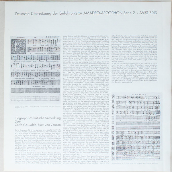 Carlo Gesualdo - Madrigali A Cinque Voci Dell'Illustrissimo, & Eccellentissimo Prencipe Di Venosa, D. Carlo Gesualdo - Libro Primo | Amadeo (AVRS 5013) - 4