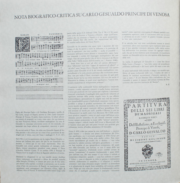 Carlo Gesualdo - Madrigali A Cinque Voci Dell'Illustrissimo, & Eccellentissimo Prencipe Di Venosa, D. Carlo Gesualdo - Libro Primo | Amadeo (AVRS 5013) - 3