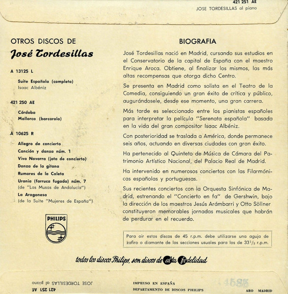 José Tordesillas · Manuel De Falla - José Tordesillas Al Piano | Philips (421 251 AE) - 2