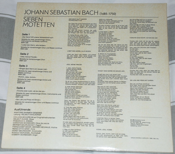 Johann Sebastian Bach - Kantorei Barmen-Gemarke , Collegium Aureum Leitung Helmut Kahlhöfer - Sieben Motetten | Deutsche Harmonia Mundi (HMI 73059) - 2 Johann Sebastian Bach - Kantorei Barmen-Gemarke , Collegium Aureum Leitung Helmut Kahlhöfer - Sieben Motetten | Deutsche Harmonia Mundi (HMI 73059) - 2