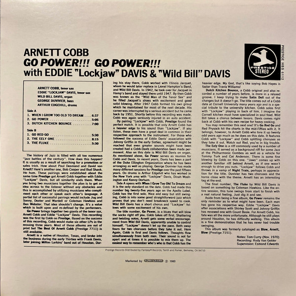 Arnett Cobb With Eddie "Lockjaw" Davis & Wild Bill Davis - Go Power!!! | Prestige (HBS 6112) - 2